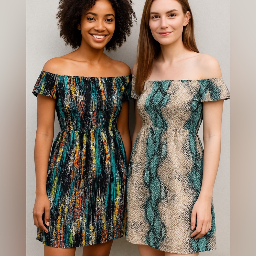 579 - Two Dresses - Snakeskin Print Strapless Mini Dress. Size Small.